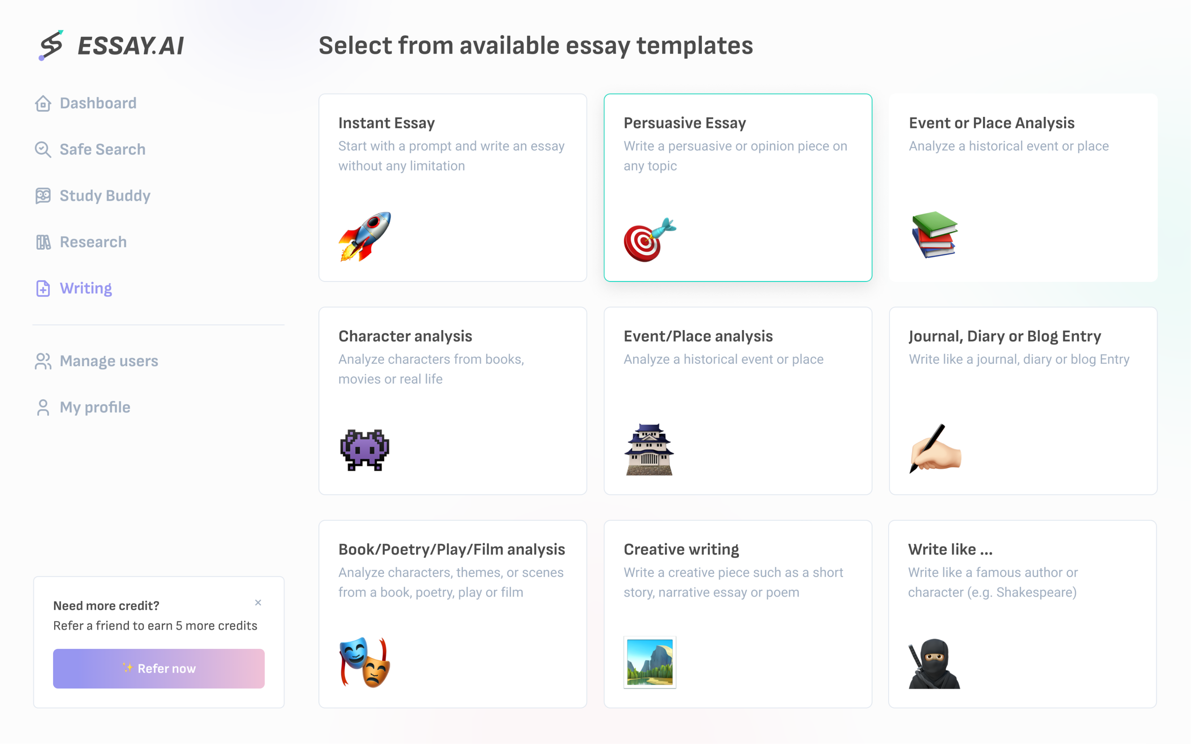 Screenshot of the Essay AI app showing various essays for writing.